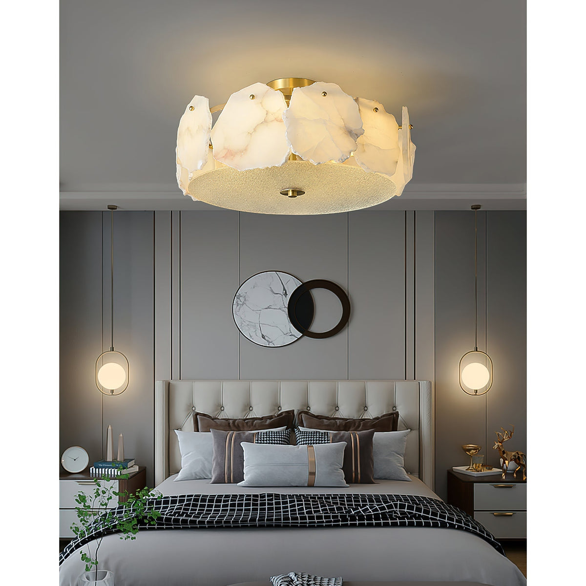 Art Deco Brass Alabaster Ceiling Light