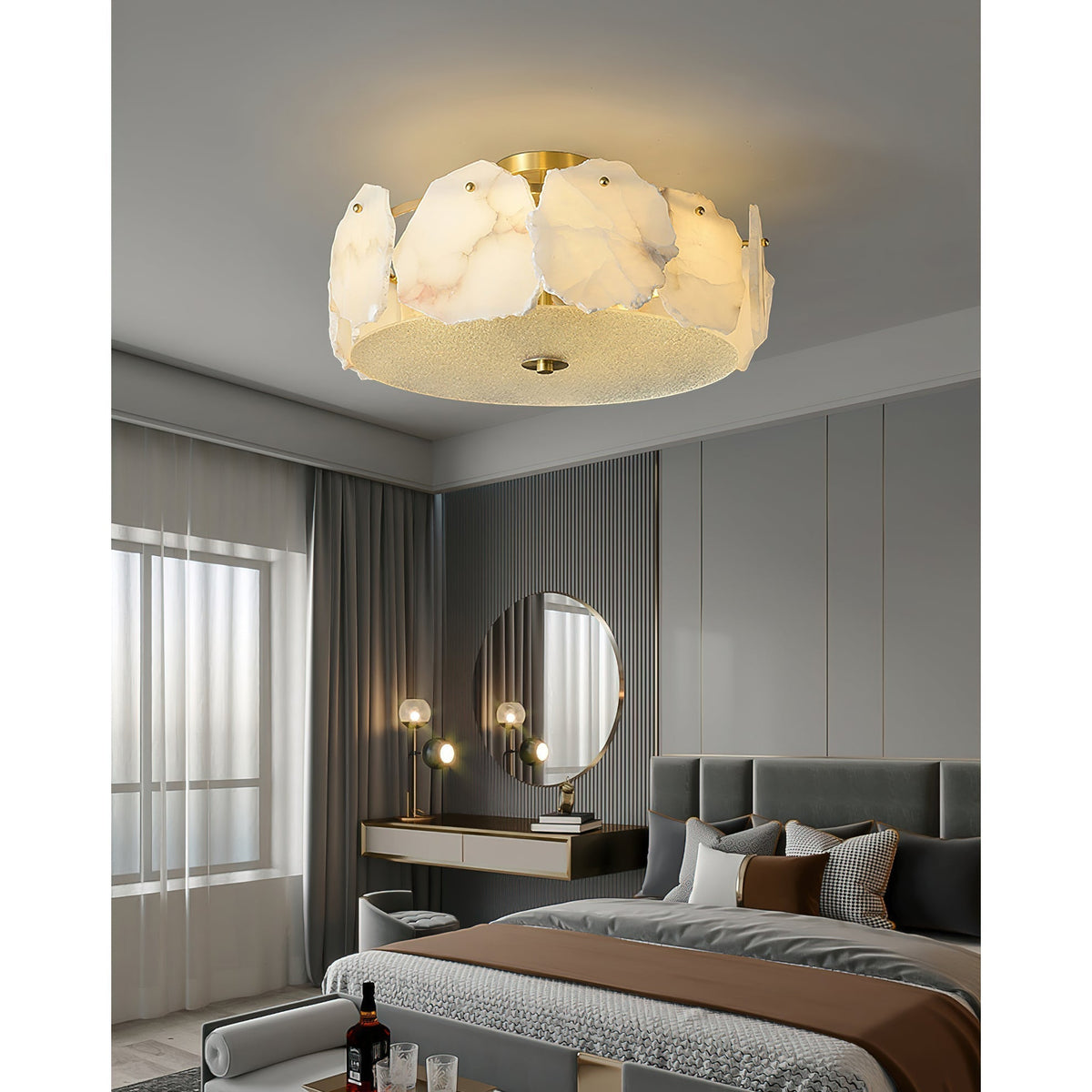Art Deco Brass Alabaster Ceiling Light