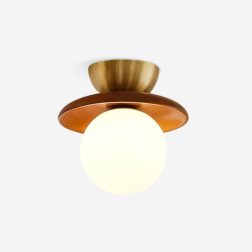 Mid-Century Walnut Brass Globe Ceiling Light