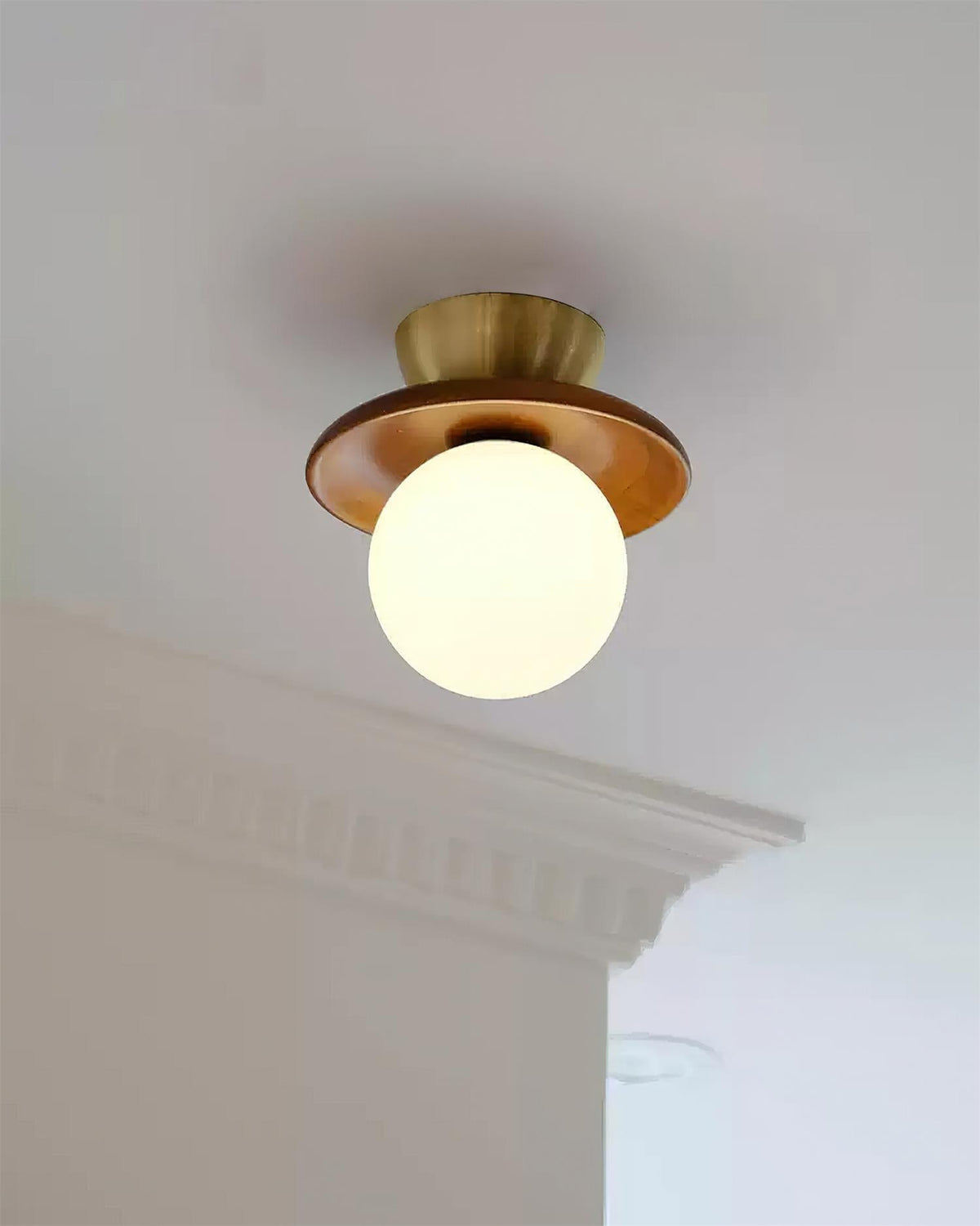 Mid-Century Walnut Brass Globe Ceiling Light