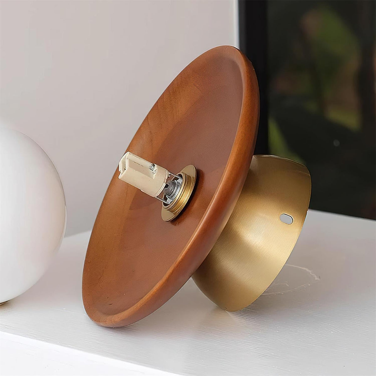 Mid-Century Walnut Brass Globe Ceiling Light