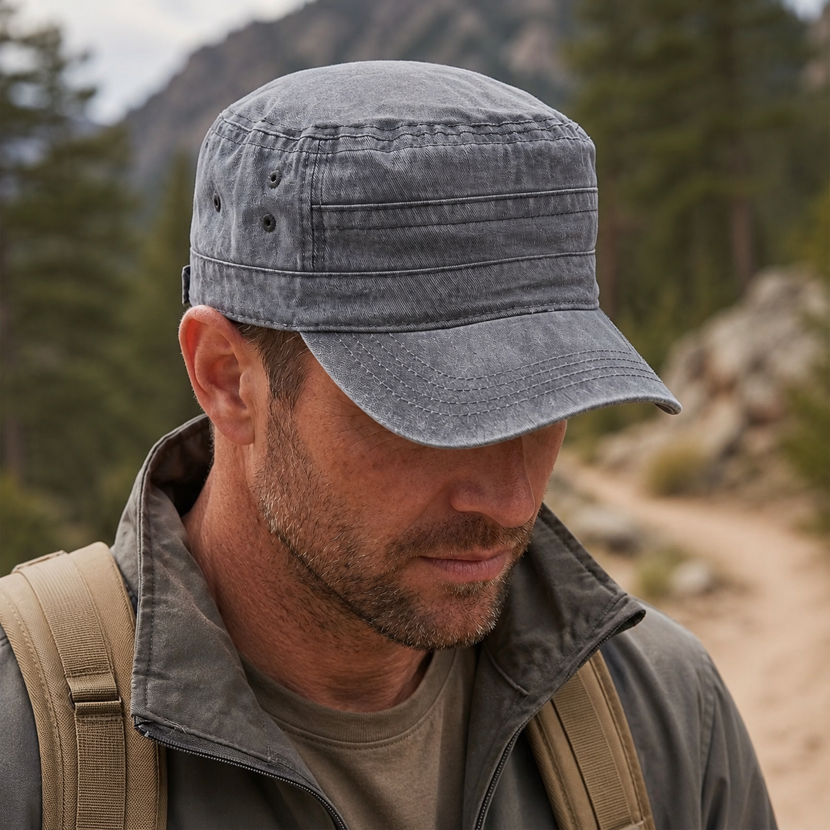 Washed Flat-Top Military Cap