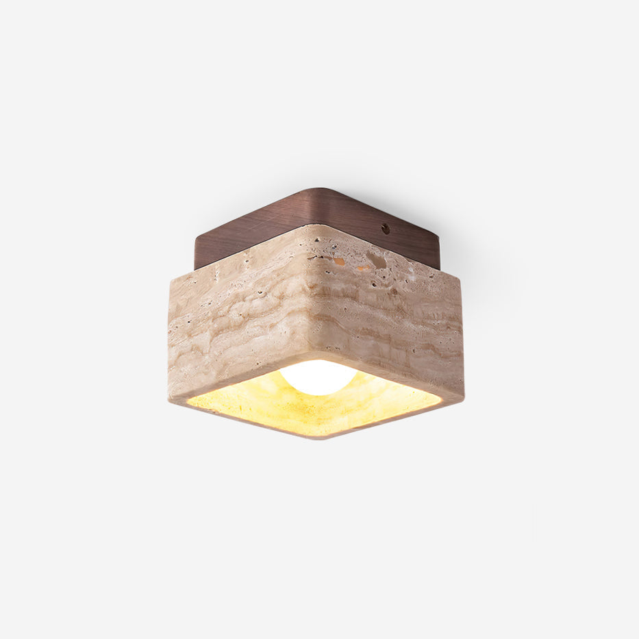 Minimalist Travertine Wood Flush Mount Light