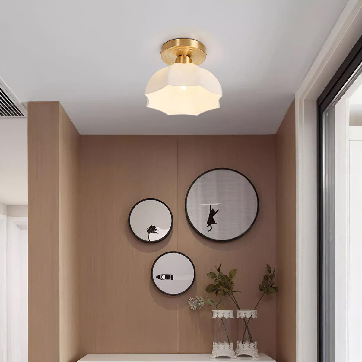 Mid-Century Brass Opal Glass Flush Mount Light