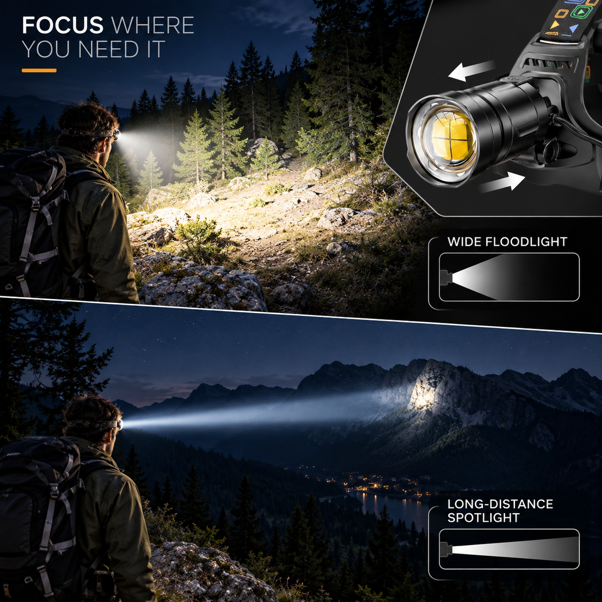 Waterproof Zoomable Rechargeable LED Headlamp
