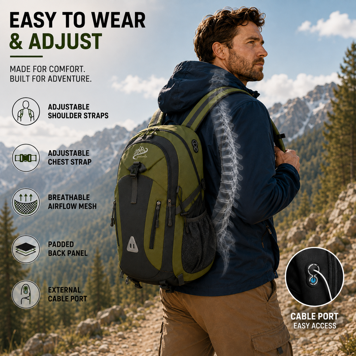 Water-Repellent Multi-Compartment Hiking Backpack