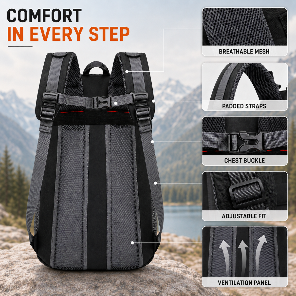 Water-Repellent Multi-Compartment Hiking Backpack