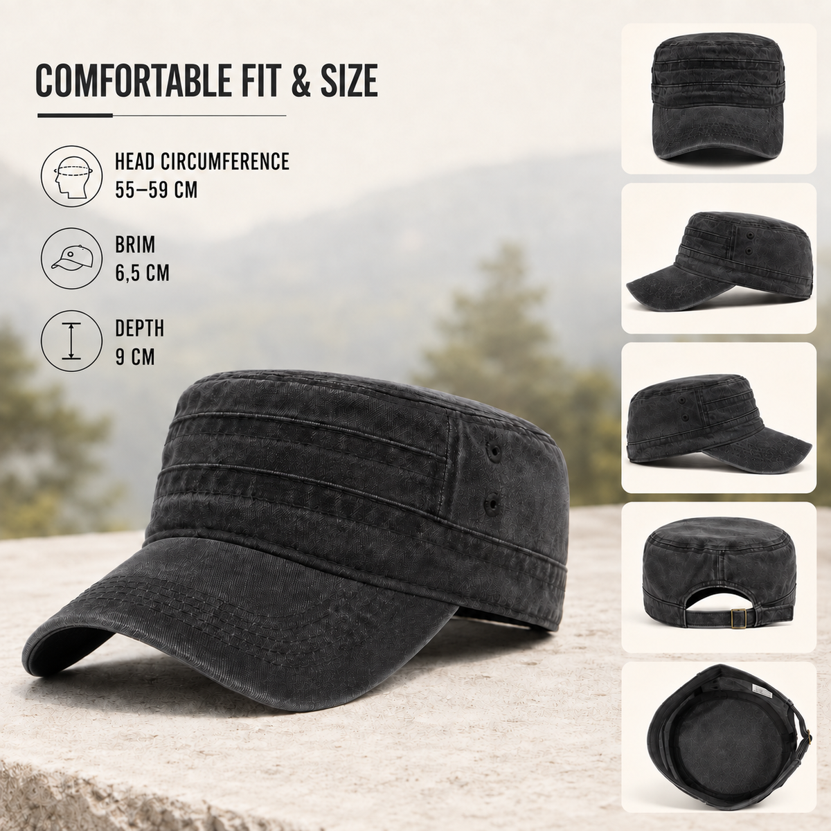 Washed Flat-Top Military Cap