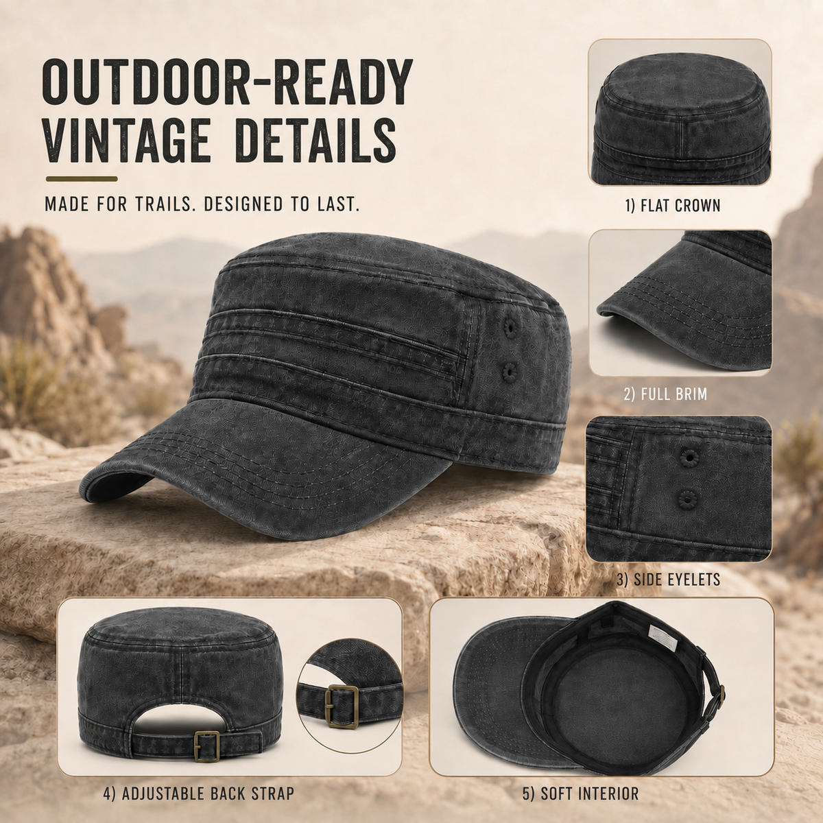 Washed Flat-Top Military Cap