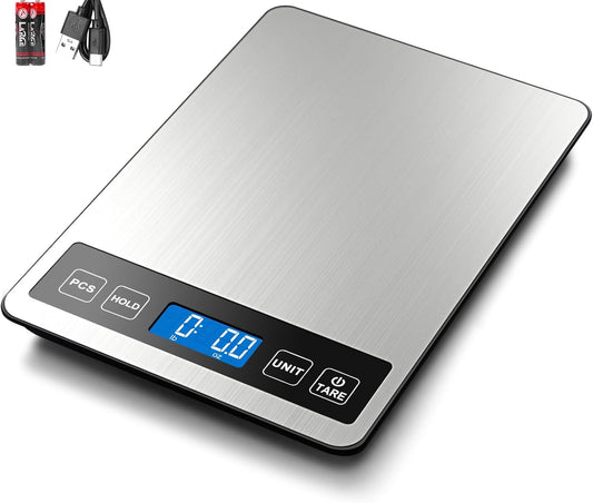 Fuzion Food Scale, 1g/0.1oz Digital Kitchen Scale - 22lb, 7 Units, Tare & PCS, Rechargeable Power, Tempered Glass & Stainless Steel - Food Weight Scale Grams and Ounces for Cooking, Baking