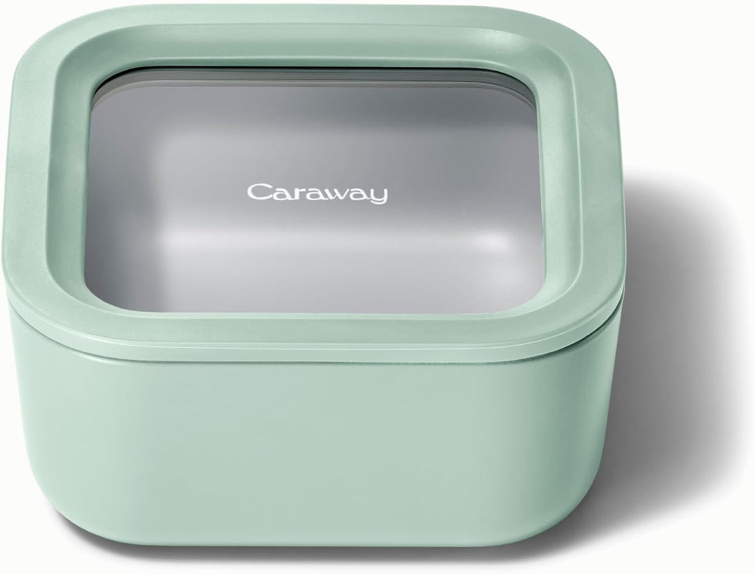 Caraway Glass Food Storage - 4.4 Cup Glass Container - Ceramic Coated - Easy to Store, Non Toxic, Non Stick Lunch Box Container with Lids - Dishwasher, Oven, & Microwave Safe - Mist