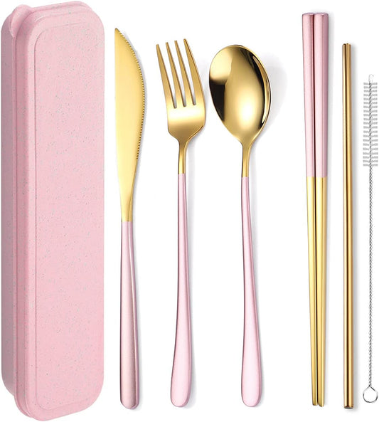 AARAINBOW 6 Pieces 18/8 Stainless Steel Flatware Set Portable Reusable Cutlery Set Travel Utensils Set Including Chopsticks Knife Fork Spoon Straws Cleaning Brush Dishwasher Safe (Pink golden)