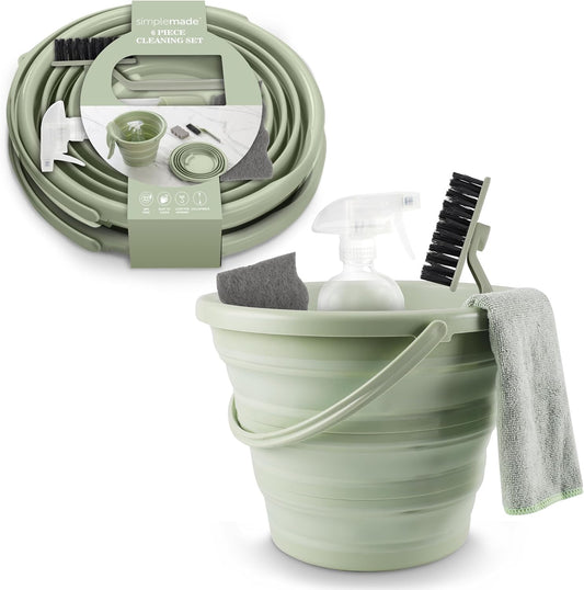 SIMPLEMADE Collapsible Bucket Cleaning Set - Includes 2 Foldable Buckets, Spray Bottle, Rag, Scrubbing Brush and Sponge - Holds Up to 10 liters, Easy Storage, All-Purpose Cleaning Solution