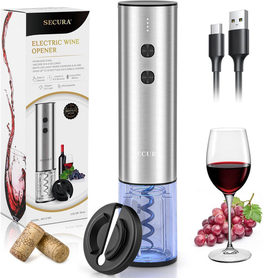 Secura Stainless Steel Electric Wine Opener, Rechargeable Automatic Wine Bottle Opener with Foil Cutter & Charging Cable, Reusable Corkscrew Wine Opener Electric for Home Party Bar Outdoor, Silver