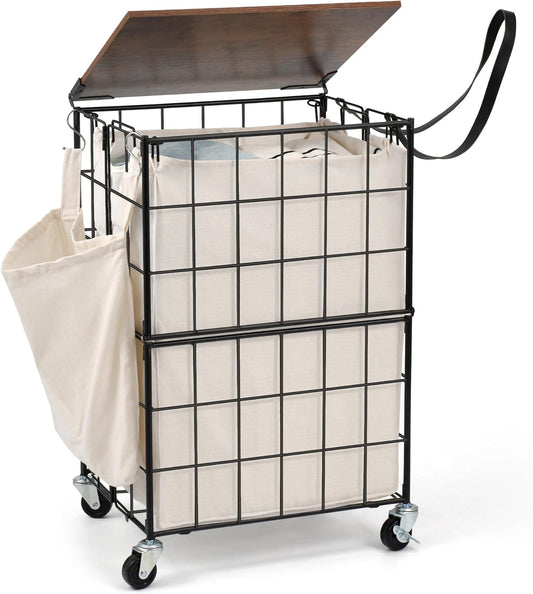 90L Laundry Basket with Wheels, Large Capacity Laundry Hamper with Removable Liner Bags, Heavy Duty Laundry Sorter with Solid Wood Lid & Leather Handles (Grey) TLH001G01