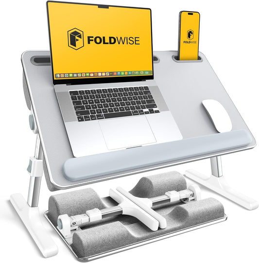 FoldWise 2-in-1 Lap Desk & Bed Table – Soft Cushions, Adjustable Height & Angle, Laptop Stand for Bed, Couch & Chair – Wrist Rest, Tablet Holder, Stopper & Leather, Foldable Bed Desk for Adults & Kids