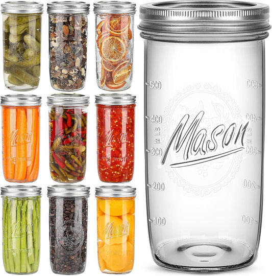 Mason Jars Wide Mouth 24oz, 10 pack Glass Pickle Canning Jars Food Storage With Airtight Mason Jar lids and Bands for Canning, Preserving, Fermenting, Pickling for Microwave/Freezer/Dishwasher