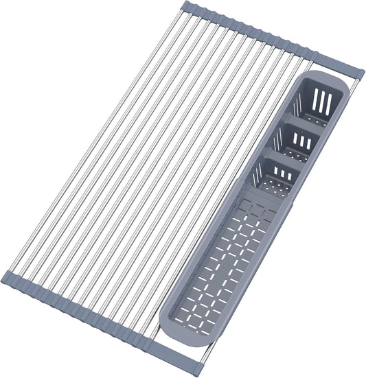 BBXTYLY Expandable Roll Up Dish Drying Rack,Over The Sink Drying Rack Kitchen Sink Accessories Rolling up Stainless Steel Drainer, Foldable with Removable Utensil Holder(Gray Expandable Width Size)