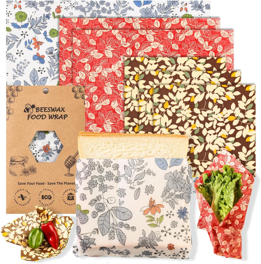 Reusable Beeswax Food Wraps - 6 Pack Blossom pattern (3S,2M,1L) for Homemade Bread Storage, Sandwich Wrap & Bowl Covers | Alternative to Aluminum Foil | Biodegradable, Organic, Zero Waste
