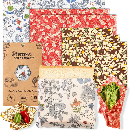Reusable Beeswax Food Wraps - 6 Pack Blossom pattern (3S,2M,1L) for Homemade Bread Storage, Sandwich Wrap & Bowl Covers | Alternative to Aluminum Foil | Biodegradable, Organic, Zero Waste