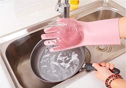 Silicone Dishwashing Gloves, Pet Grooming Rubber Scrubbing for Dishes, Sponge Wash Cleaning with Scrubbers (13.6" L)