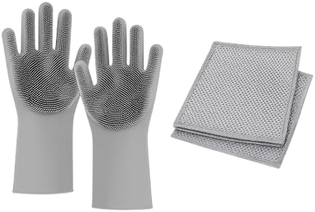 Silicone Gloves with Built-in Scrubbing Bristles +2 Wire Mesh Dishwashing Scrubber Cloths Reusable Cleaning Gloves & Kitchen (Grey)