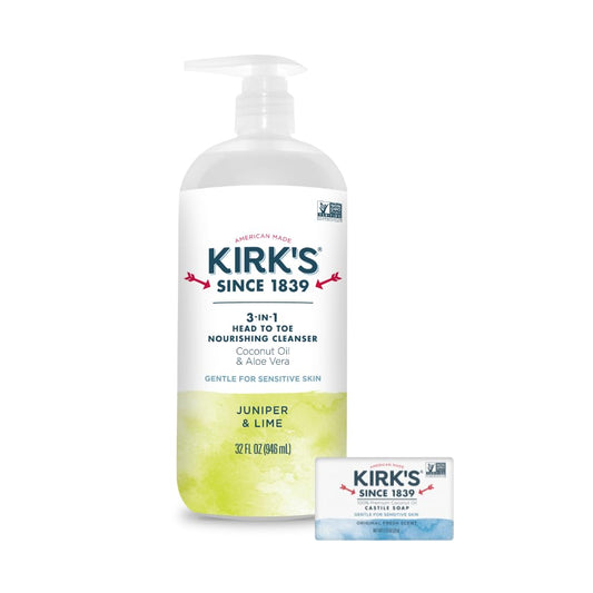 Kirk's 3-in-1 Castile Liquid Soap Travel Size Bar Soap (1.13 oz.) | Head-to-Toe Clean Shampoo, Face Soap & Body Wash for Men, Women & Children | Juniper & Lime Scent | 32 Fl Oz.