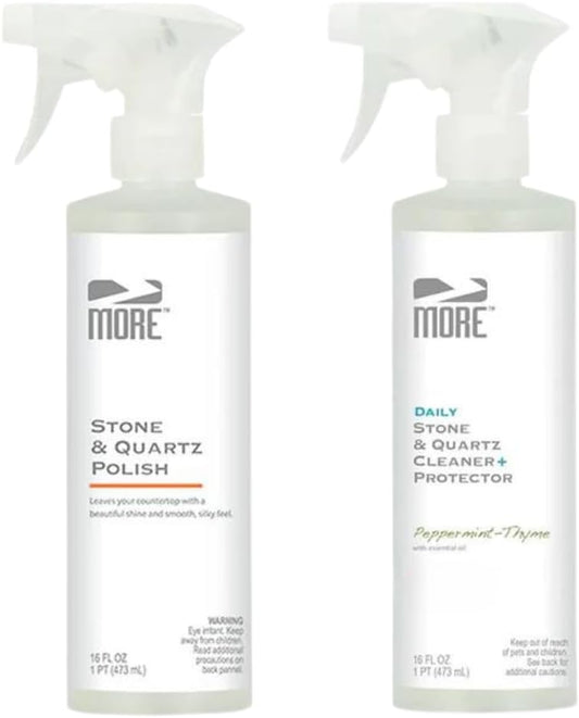MORE - Twin Pack - Includes Stone & Quartz Cleaner + Polish - Granite, Quartz & Marble Cleaner & Polish - For Kitchen & Bathroom Countertops - Pack of 2 16oz Sprays - Peppermint-Thyme