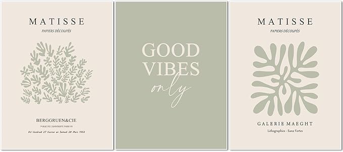Hwetui Matisse Wall Art Set of 3 Sage Green Abstract Poster Canvas Prints Neutral Plant Leaves Painting Pictures Good Vibes Aesthetic Home Decor for Living Room Bedroom Bathroom 12''x16''Unframed