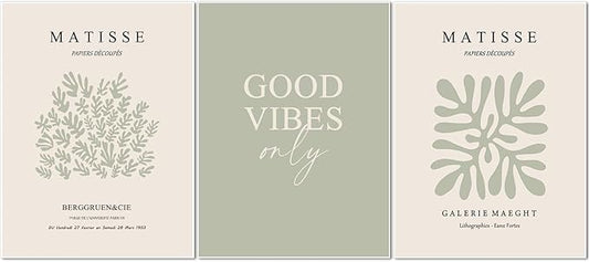 Hwetui Matisse Wall Art Set of 3 Sage Green Abstract Poster Canvas Prints Neutral Plant Leaves Painting Pictures Good Vibes Aesthetic Home Decor for Living Room Bedroom Bathroom 12''x16''Unframed