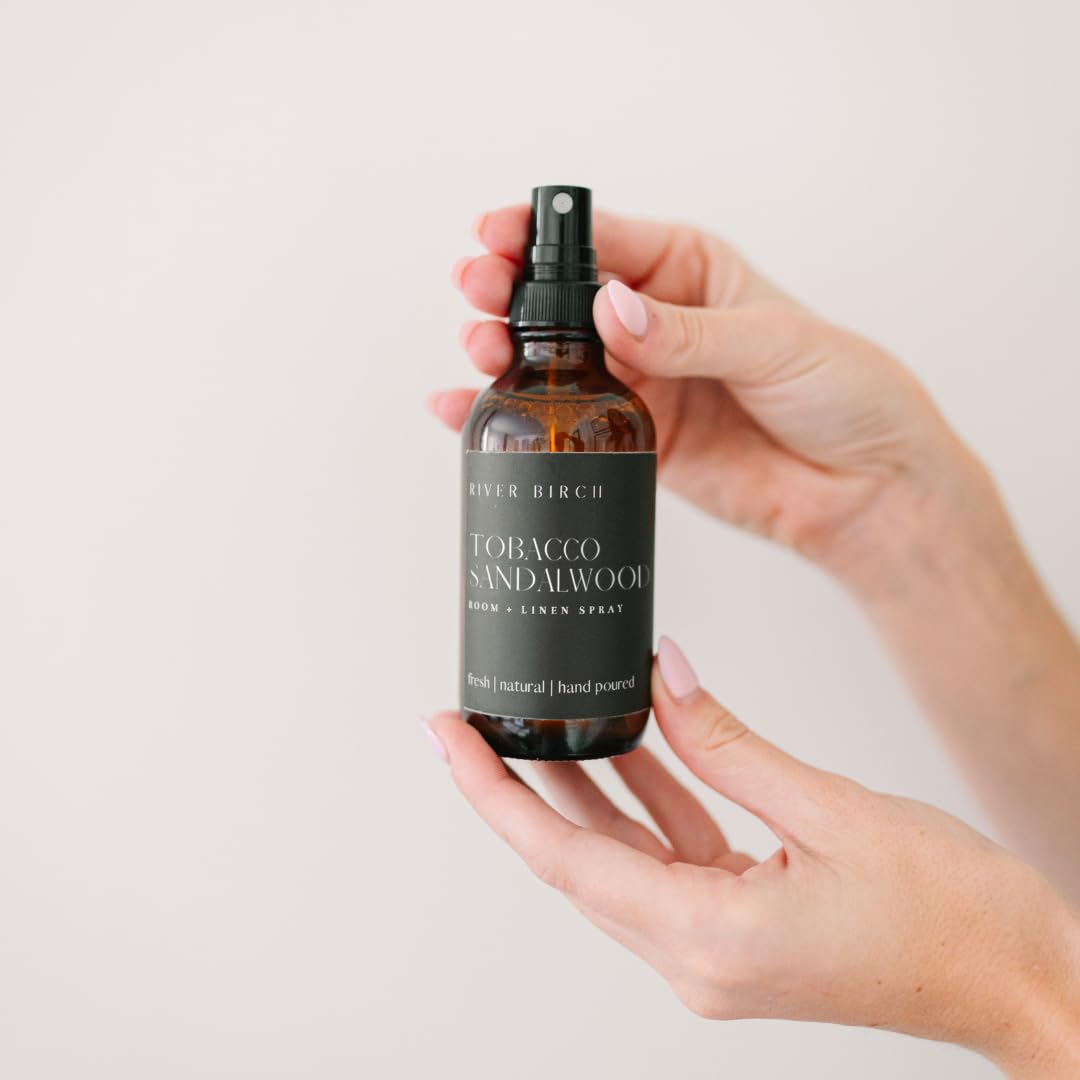 River Birch Tobacco Sandalwood Scented Linen and Room Spray | Home Fragrance | 4 oz Glass Amber Bottle | Luxury Signature Scent | Handmade in Texas