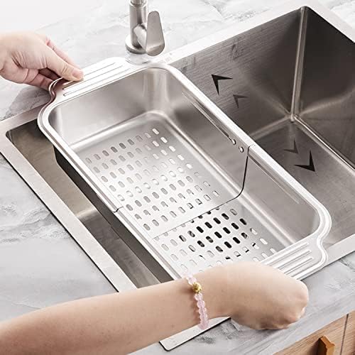 ZDRongZhen Kitchen Supply-Over the Sink Colander Strainer Basket Stainless Steel Retractable Kitchen Sink Basket -Wash Vegetables and Fruits, Drain Pasta and Dry Dishes,Extendable (Small silver)