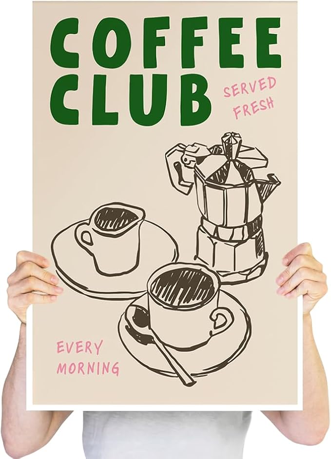 Vintage Coffee Club Wall Art Served Fresh Every Morning Sign Canvas Print Poster Sketch Moka Pot And Cups Minimalist Home Decor Aesthetic Pictures for Kitchen Bar Cafe Dining Room 16x24inch Unframed