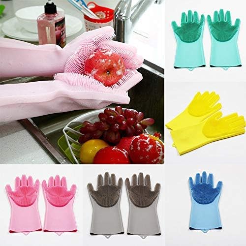 Silicone Dishwashing Gloves, Pet Grooming Rubber Scrubbing for Dishes, Sponge Wash Cleaning with Scrubbers (13.6" L)