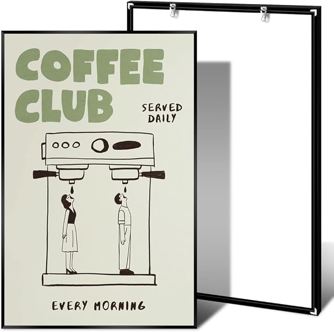 Funny Coffee Club Canvas Print Poster Served Daily Every Morning Sign Wall Art Minimalist Kitchen Whimsical Painting Home Decor Aesthetic Pictures for Cafe Bar 20x30inch Metal Black Frame