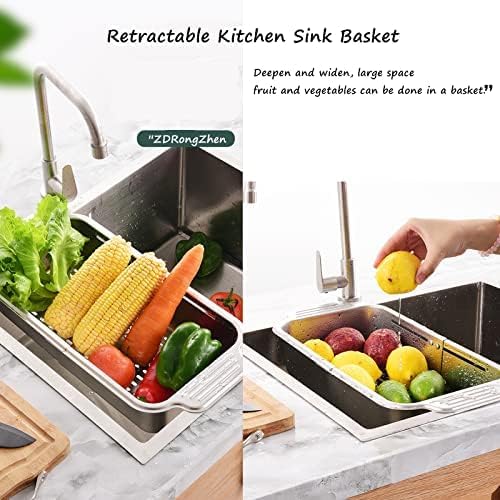 ZDRongZhen Kitchen Supply-Over the Sink Colander Strainer Basket Stainless Steel Retractable Kitchen Sink Basket -Wash Vegetables and Fruits, Drain Pasta and Dry Dishes,Extendable (Small silver)