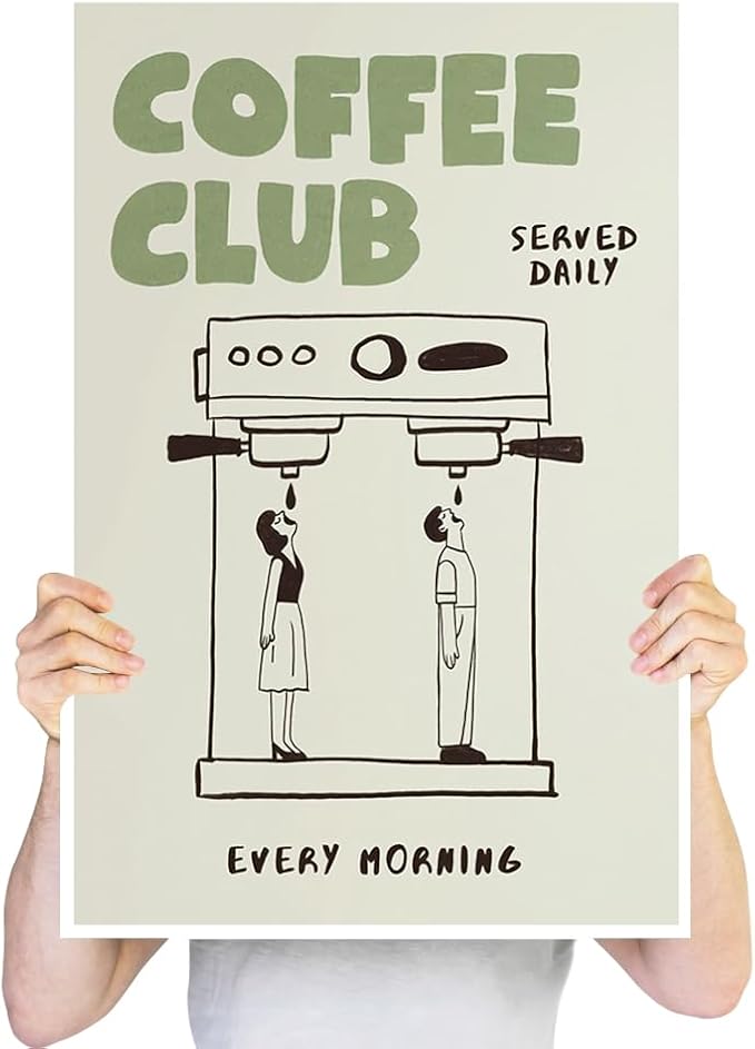 Funny Coffee Club Canvas Print Poster Served Daily Every Morning Sign Wall Art Minimalist Kitchen Whimsical Painting Home Decor Aesthetic Pictures for Living Room Cafe Bar 16x24inch Unframed