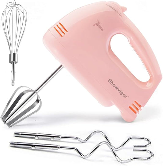 Handmixer Electric Handheld - 7 Speed Portable Kitchen Mixer Electric with 5 Stainless Steel Accessories Whisk, Food Beater for Whipping Mixing Cookies Cakes Eggs, Pink