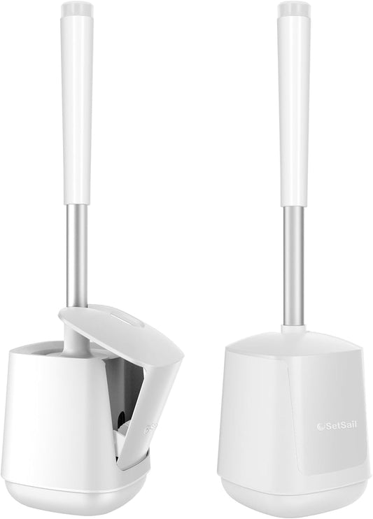 SetSail Toilet Brush 2 Pack, Self Closing Lid Toilet Bowl Brushes Holder and Extra Long Handle Ventilated Toilet Brush Set for Bathroom Cleaning, Nylon Bristles, Pure White