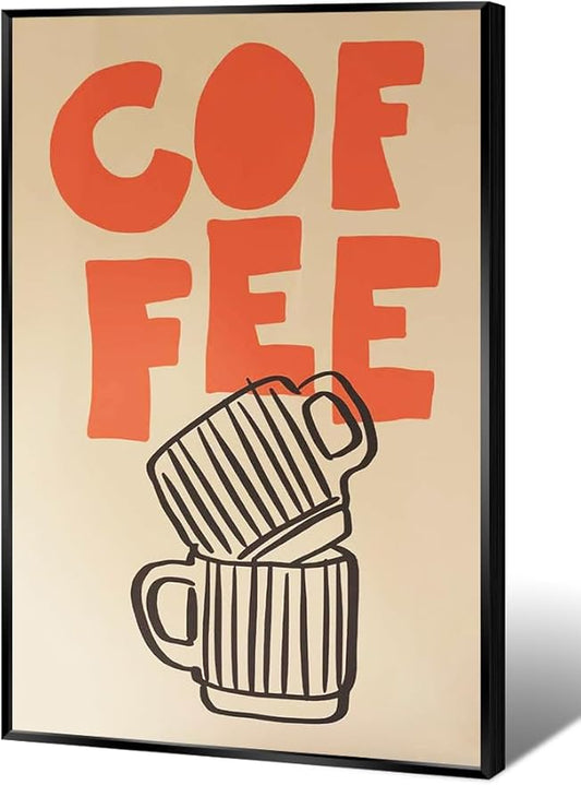 Retro Italian Espresso Coffee Bold Orange Sign Wall Art Stacked Black Stripe Coffee Cups Canvas Print Poster Modern Kitchen Minimalist Line Boho Decor Pictures for Bar Cafe 12x16inch Metal Black Frame
