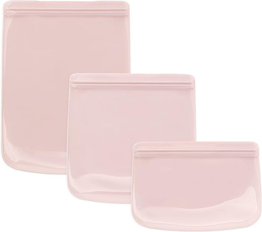 W&P Porter Silicone Reusable Storage Bags, Flat Variety 3 Pack (10oz, 34oz, 46oz), Blush, Food Storage Container, Microwave and Dishwasher Safe, Easy Cleaning