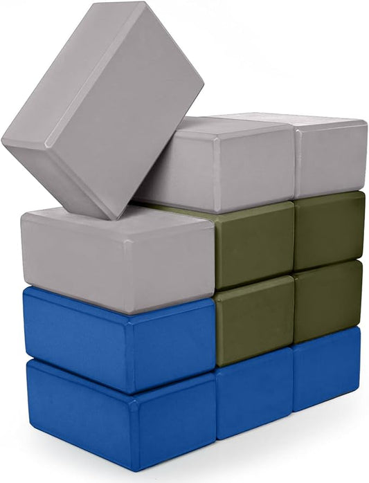 Hello Fit 4" Yoga Block, 12 Pack Bulk EVA Foam Yoga Blocks, Firm and Supportive Yoga Brick, Balance Foam for Stretching, Pilates, and Workout, 4" x 6" x 9"