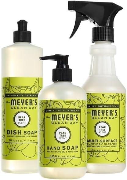 Mrs. MEYER'S CLEAN DAY Variety Pack, 1 Liquid Hand Soap 12.5 Oz, 1 Multi-Surface Everyday Cleaner 16 Oz. 1 Liquid Dish Soap 16 Oz, Pear Tree, 1CT