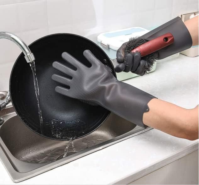 Silicone Dishwashing Gloves, Pet Grooming Rubber Scrubbing for Dishes, Sponge Wash Cleaning with Scrubbers (13.6" L)