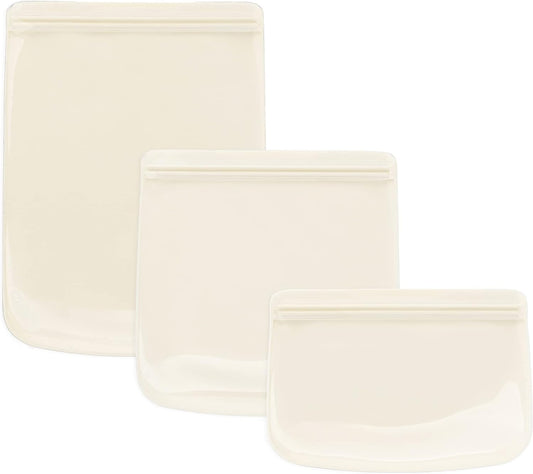 W&P Porter Silicone Reusable Storage Bags, Flat Variety 3 Pack (10oz, 34oz, 46oz), Cream, Food Storage Container, Microwave and Dishwasher Safe, Easy Cleaning