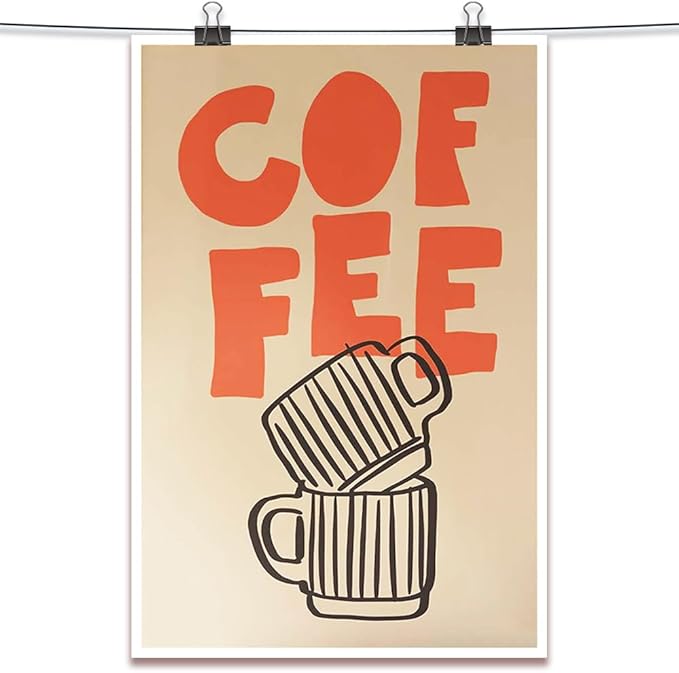 Retro Italian Espresso Coffee Bold Orange Sign Wall Art Stacked Black Stripe Coffee Cups Canvas Print Poster Modern Kitchen Minimalist Line Aesthetic Pictures Boho Decor for Cafe 24x36inch Unframed