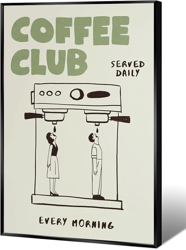 Funny Coffee Club Canvas Print Poster Served Daily Every Morning Sign Wall Art Minimalist Kitchen Whimsical Painting Home Decor Aesthetic Pictures for Cafe Bar 16x24inch Metal Black Frame