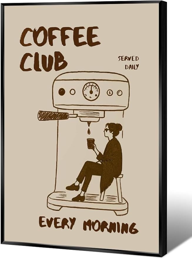 Served Daily Every Morning Sign Wall Art Funny Coffee Club Canvas Print Poster Vintage Kitchen Minimalist Painting Aesthetic Pictures Decor for Cafe Station Bar Cart 16x24inch Metal Black Frame