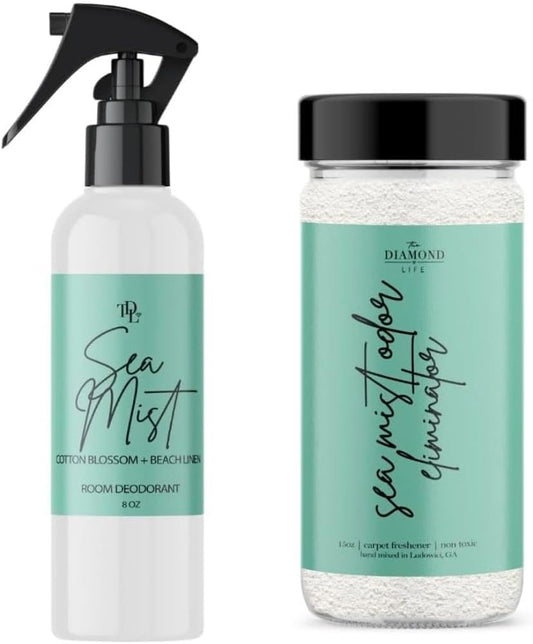 Home “Sea Mist” Carpet Powder & Room Spray Bundle – Cotton Blossom & Linen Scent – Natural Fabric & Upholstery Freshener, Air Mist, Home Fragrance for Families with Kids & Pets