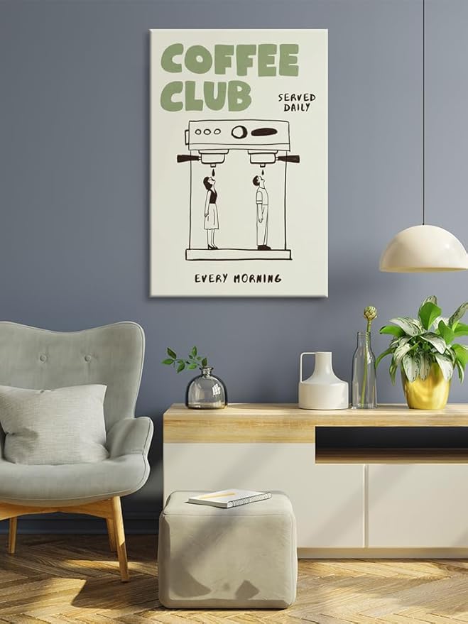Funny Coffee Club Canvas Print Poster Served Daily Every Morning Sign Wall Art Minimalist Kitchen Whimsical Painting Home Decor Aesthetic Pictures for Living Room Cafe Bar 16x24inch Framed